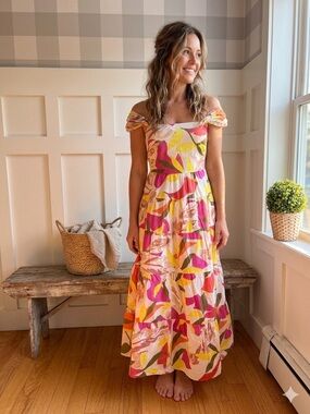 RW&CO. Pink Yellow Multicolor Off-Shoulder Maxi Dress Medium